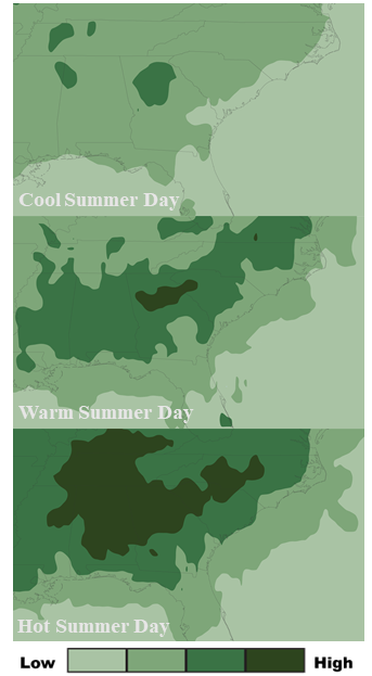 HCHO levels over the Southeast U.S. during three different summer months:  a cool one, a warm one, and a hot one. The higher levels are indicated by darker colors. Data are from the Aura Ozone Monitoring Instrument. Figure credit: NASA.